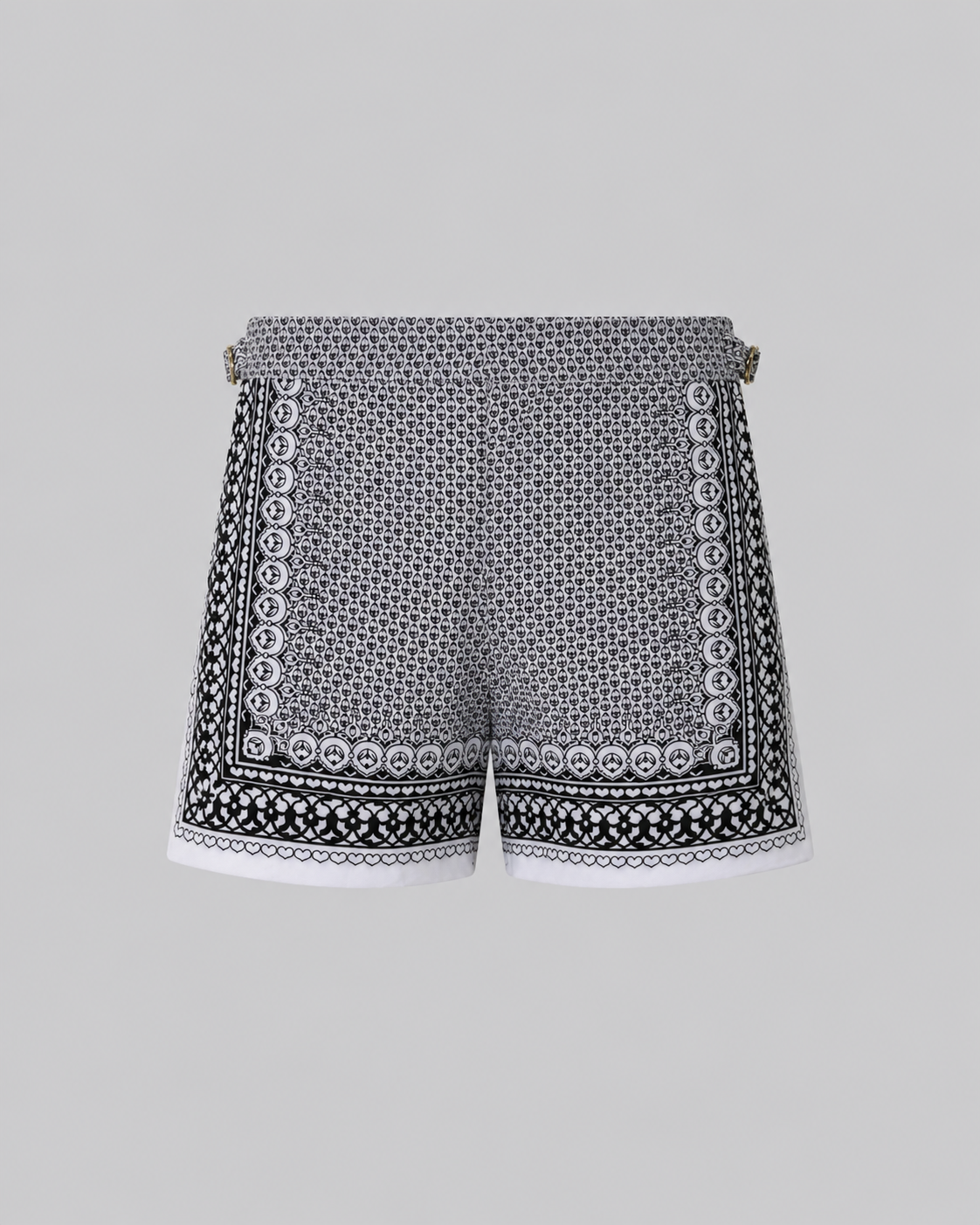 Silk Swim Short - Black Black silk swim short for men featuring an all-over geometric print, adjustable side straps, button and zipper closure, metal hardware, zippered back pockets, and mesh lining by Clubman by Leonardo.