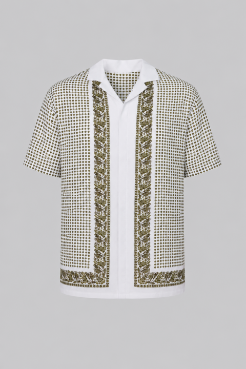 Men's Silk Swim Shirt in green and white geometric print featuring a button-down front, relaxed fit, and premium silk-look fabric.