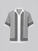 Men's Silk Swim Shirt in black and white geometric print featuring a button-down front, relaxed fit, and premium silk-look fabric.