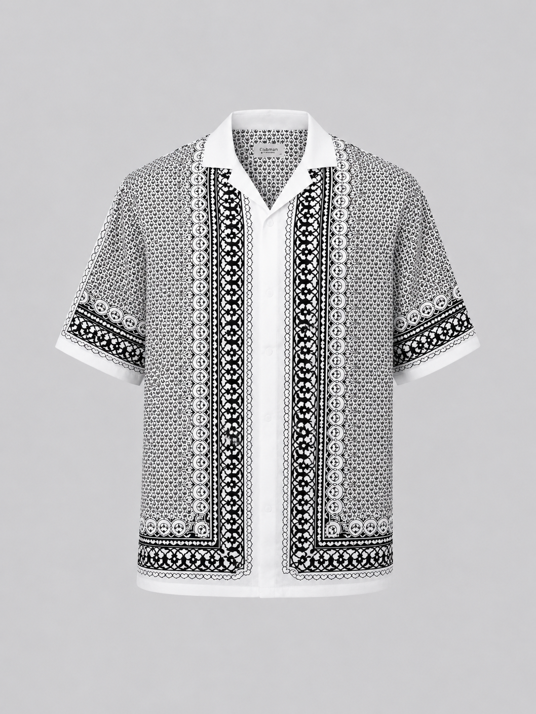 Silk Swim Shirt - Black Men's Silk Swim Shirt in black and white geometric print featuring a button-down front, relaxed fit, and premium silk-look fabric.