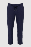 Men's Coastal Linen Pant in navy blue with a drawstring, button and zipper front closure, stretch side panels, and premium linen blend fabric.