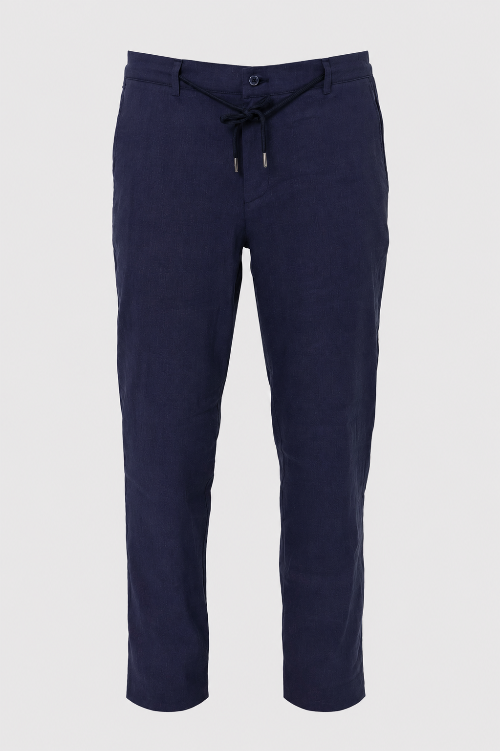 Linen Casual Pant Men's Coastal Linen Pant in navy blue with a drawstring, button and zipper front closure, stretch side panels, and premium linen blend fabric.
