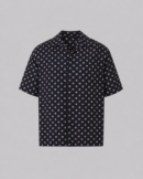 Men's Silk Swim Shirt in blue geometric print featuring a button-down front, relaxed fit, and premium silk-look fabric.