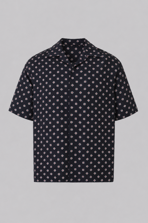 Men's Silk Swim Shirt in blue geometric print featuring a button-down front, relaxed fit, and premium silk-look fabric.