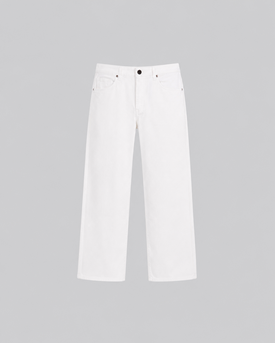 Denim Wide Jean Men's Signature Wide Jean in off white stretch cotton with Clubman branded hardware, front button and zipper closure, and classic five-pocket design.