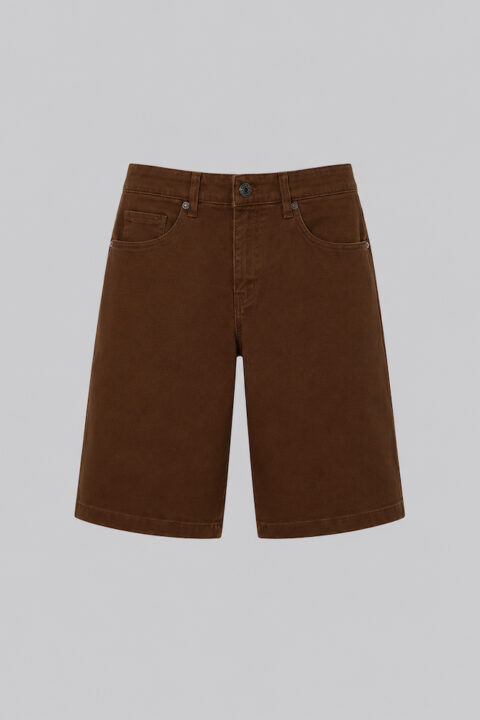 Men's Wide Jean Short in Brown stretch cotton with Clubman branded hardware, front button and zipper closure, and classic five-pocket design.