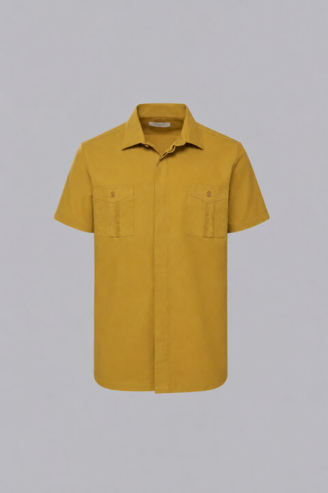 Linen-polyester-cotton blend guayabera in the color mustard