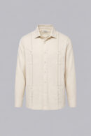 Technical guayabera in the color tan/beige in a long sleeve design.
