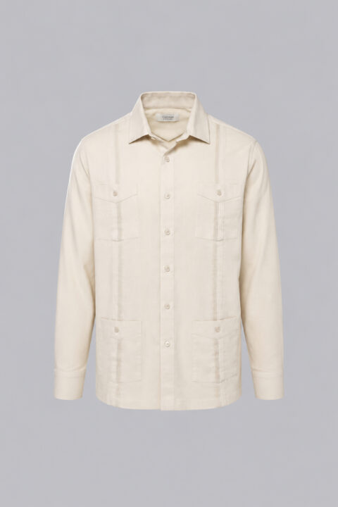 Technical guayabera in the color tan/beige in a long sleeve design.