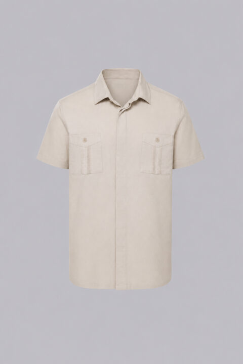 Linen-cotton-polyester blend guayabera in the color tan.