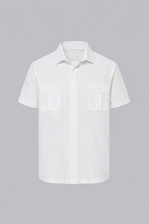 Linen-cotton-polyester blend guayabera in the color white.