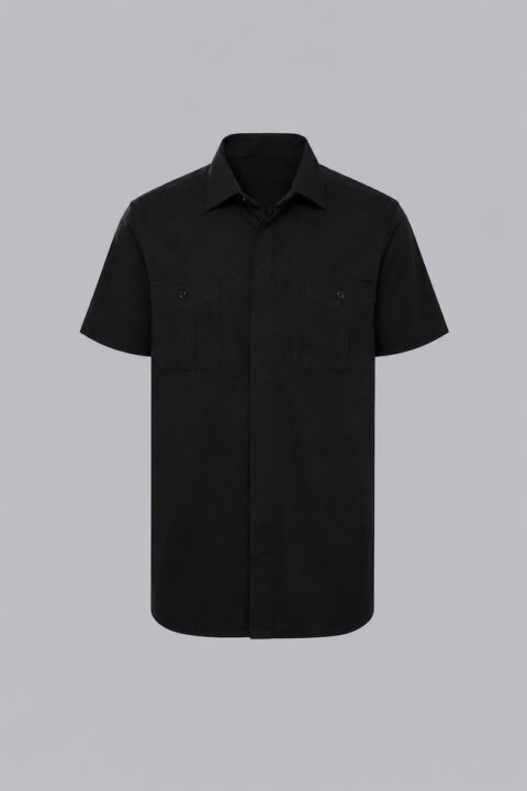 Linen-cotton-polyester blend guayabera in the color black.