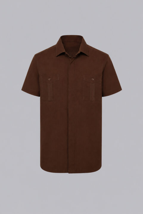 Linen-cotton-polyester blend guayabera in the color brown.