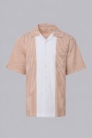 Men's Seersucker Short Sleeve Shirt with orange vertical stripes, open collar, chest pocket, and lightweight textured fabric.