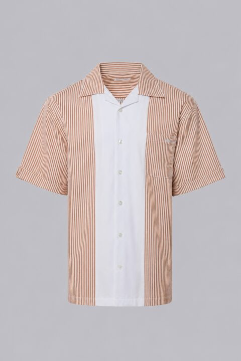 Men's Seersucker Short Sleeve Shirt with orange vertical stripes, open collar, chest pocket, and lightweight textured fabric.