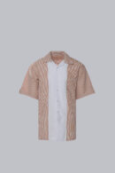 Men's Seersucker Short Sleeve Shirt with orange vertical stripes, open collar, chest pocket, and lightweight textured fabric.