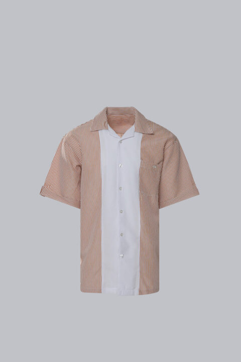Men's Seersucker Short Sleeve Shirt with orange vertical stripes, open collar, chest pocket, and lightweight textured fabric.
