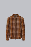 Men's Gingham Jacket in brown seersucker check with a two-way zipper closure, classic collar, and lightweight textured fabric.