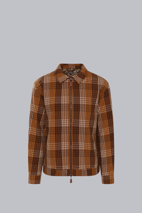 Men's Gingham Jacket in brown seersucker check with a two-way zipper closure, classic collar, and lightweight textured fabric.