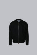 Men's Linen Bomber Jacket in black with a two-way zipper closure, ribbed bomber collar, and lightweight linen blend fabric.
