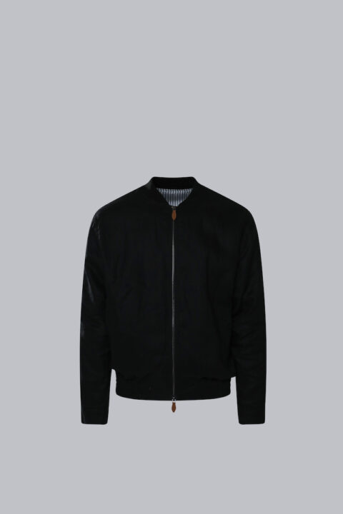 Men's Linen Bomber Jacket in black with a two-way zipper closure, ribbed bomber collar, and lightweight linen blend fabric.