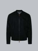 Men's Linen Bomber Jacket in black with a two-way zipper closure, ribbed bomber collar, and lightweight linen blend fabric.