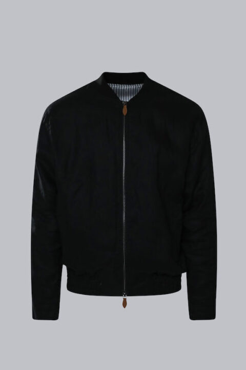 Men's Linen Bomber Jacket in black with a two-way zipper closure, ribbed bomber collar, and lightweight linen blend fabric.