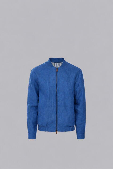 Men's Linen Bomber Jacket in blue with a two-way zipper closure, ribbed bomber collar, and lightweight linen blend fabric.