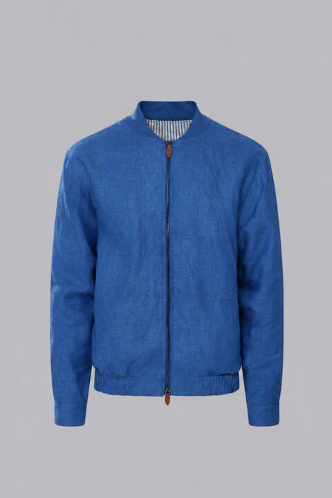 Men's Linen Bomber Jacket in blue with a two-way zipper closure, ribbed bomber collar, and lightweight linen blend fabric.