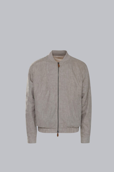 Men's Linen Bomber Jacket in oatmeal with a two-way zipper closure, ribbed bomber collar, and lightweight linen blend fabric.