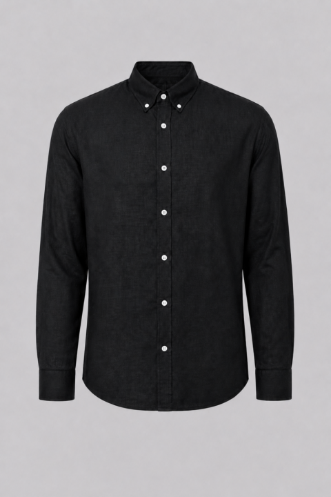 Black 100% linen long sleeve button-down shirt for men featuring a classic collar, breathable lightweight fabric, and a modern tailored fit.