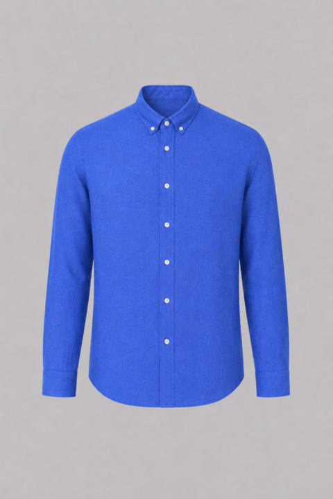 Blue 100% linen long sleeve button-down shirt for men featuring a classic collar, breathable lightweight fabric, and a modern tailored fit.