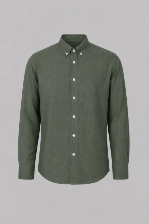 Green 100% linen long sleeve button-down shirt for men featuring a classic collar, breathable lightweight fabric, and a modern tailored fit.