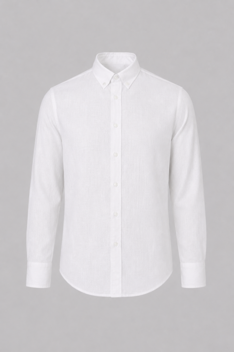 White 100% linen long sleeve button-down shirt for men featuring a classic collar, breathable lightweight fabric, and a modern tailored fit.