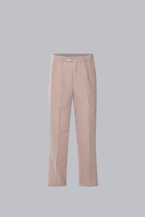 Men's Seersucker Pleated Pant with orange vertical stripes, lightweight textured fabric, and a straight-leg fit.