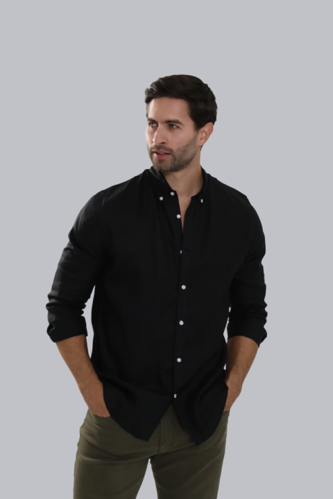 Linen Long Sleeve Shirt - L, Black