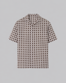 Men's Silk Swim Shirt in orange and navy geometric print featuring a button-down front, relaxed fit, and premium silk-look fabric.