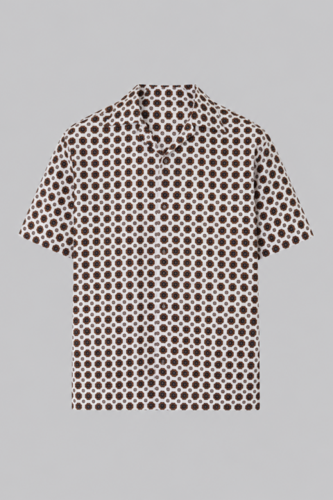 Men's Silk Swim Shirt in orange and navy geometric print featuring a button-down front, relaxed fit, and premium silk-look fabric.