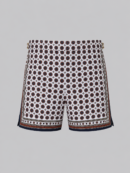 Orange and Navy silk swim short for men featuring an all-over geometric print, adjustable side straps, button and zipper closure, metal hardware, zippered back pockets, and mesh lining by Clubman by Leonardo.